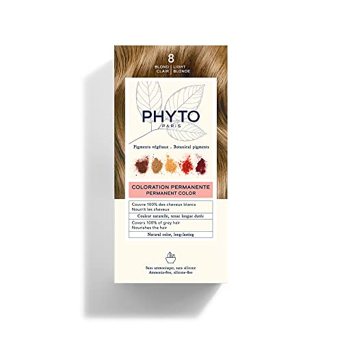 Phyto Color Kit 8 Biondo Chiaro Colorazione Permanente senza Ammoniaca, 100% Copertura Capelli Bianchi