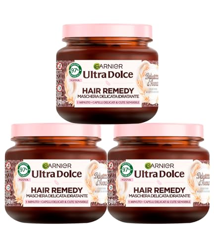 Garnier Ultra Dolce Maschera Idratante per Capelli Delicati e Cute Sensibile Hair Remedy Delicatezza d'Avena Crema di Riso e Latte di Avena Bio Vegan 97% Ingredienti Naturali 3 Barattoli da 340ml