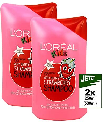 L'Oreal L'Oréal Kids, Very Berry Strawberry, shampoo per bambini alla fragola, 2 confezioni da 250 ml (= 500 ml) (etichetta in lingua italiana non garantita)