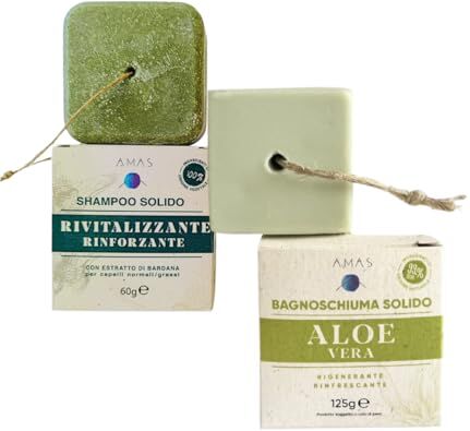 AMAS KIT  1pz Shampoo Solido+ 1pz Bagnoschiuma Solido- Formula CONCENTRATA-Naturale,Vegan, Plastic Free-100% Fatto a Mano in Italia