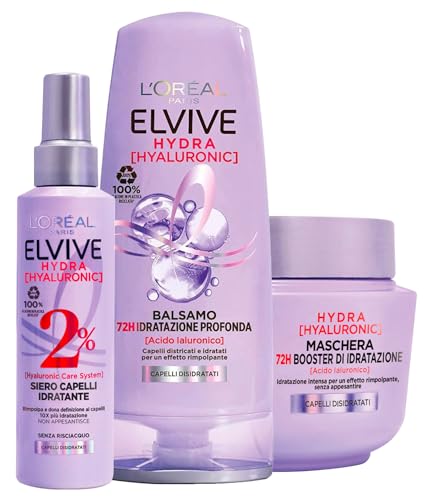 L'Oreal L'Oréal Paris Elvive Hydra Hyaluronic Balsamo 72H Idratazione Profonda 250 ml + Maschera Booster Idratazione 250 ml + Siero Capelli Idratante Spray 150 ml 3 flaconi