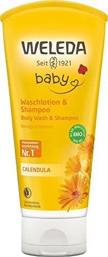 WELEDA Bio Calendula Baby Lotion & Shampoo – vegano naturale gel doccia per la cura della pelle/dei capelli nei neonati. Doccia per la cura del bambino per la pelle sensibile, delicato sugli occhi (1