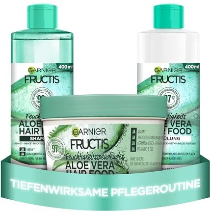 Garnier Set per capelli secchi con aloe vera, con maschera 3 in 1, shampoo e balsamo, spensierato trattamento anti-crespo, set per capelli fruttati, 3 x 400 ml