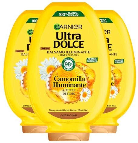 Garnier Ultra Dolce Balsamo Camomilla Illuminante Ammorbidente per Capelli Chiari con Miele di Fiori Idratante Districante Protettivo Ingredienti 98% di Origine Naturale 3 Flaconi da 360ml