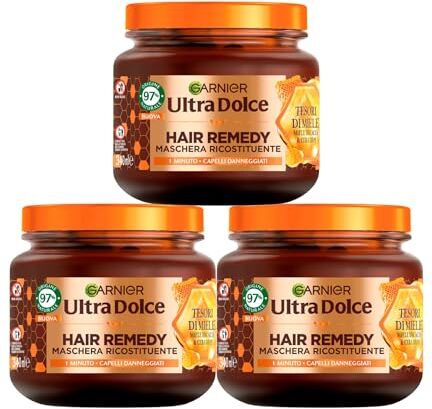 Garnier Ultra Dolce Maschera Ricostituente per Capelli Danneggiati Hair Remedy Tesori di Miele con Miele d'Acacia e Cera d'Api Vegan con Ingredienti 97% di Origine Naturale 3 Barattoli da 340ml