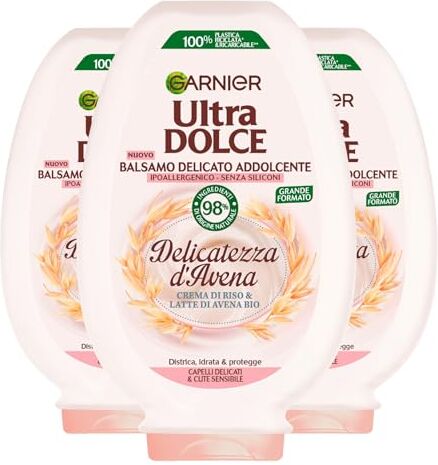 Garnier Ultra Dolce Balsamo Delicato Addolcente Ipoallergenico per Capelli Delicati Cute Sensibile Delicatezza d'Avena con Crema di Riso e Latte di Avena Bio Idratante Districante 3 Flaconi da 360ml