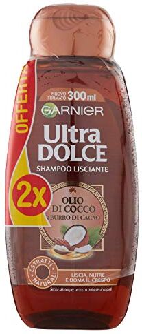 Garnier Ultra Dolce Shampoo al Cacao e Olio di Cocco per Capelli Lisci o da Lisciare, Senza Parabeni, Estratto Naturale, 300 ml [Confezione da 2]