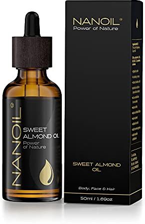 NANOIL Olio di mandorle  Almond Oil 50ml naturale, spremuto a freddo e non raffinato per la cura di viso, corpo e capelli, protezione UV, Effetto rivitalizzante e lifting