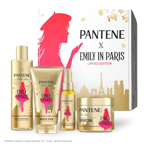 Pantene X Emily in Paris Shampoo, Balsamo, Maschera E Olio Capelli Kit Regalo Protezione Cheratina Per Capelli Secchi E Danneggiati: Shampoo 250ml, Balsamo 150 ml, Maschera 300ml, Olio Capelli 100m