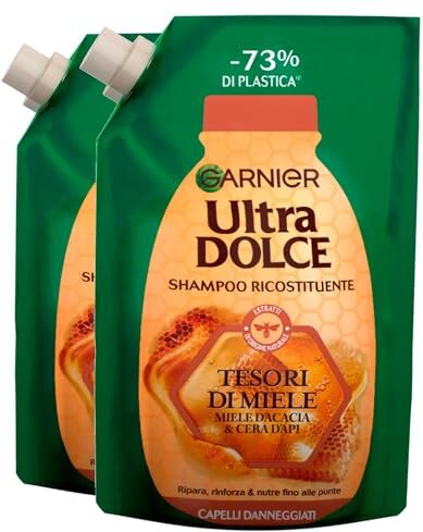 Garnier Ultra Dolce Shampoo Ricostituente per Capelli Danneggiati e Doppie Punte Tesori di Miele con Miele d'Acacia e Cera d'Api Rinforzante Nutriente Riparatore Estratti Naturali 2 Buste da 500ml