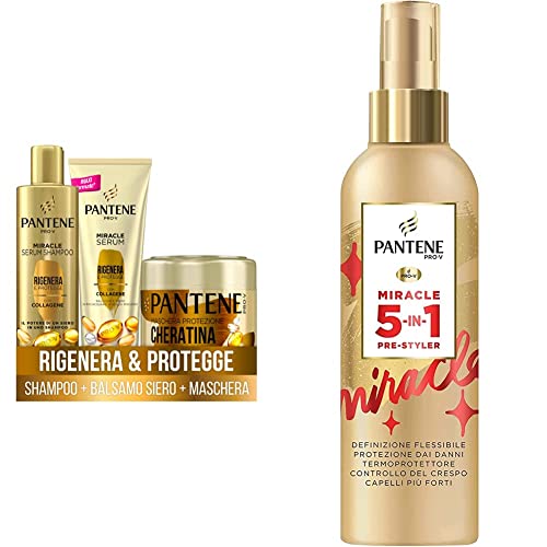 Pantene Miracles, Protezione Cheratina, Rigenera E Protegge, Set Regalo: Serum Shampoo 250ml & Pro-V Miracle 5-In-1 Pre-Styler, Spray per Capelli senza Risciacquo, Termoprotettore