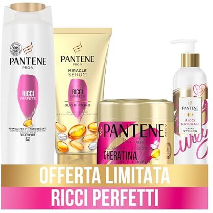 Pantene Pro-V Ricci Perfetti, Set Regalo Capelli Ricci: 1x Shampoo Ricci 225 ml, 1x Balsamo Miracle Serum Ricci 150ml, 1x Maschera Protezione Cheratina Ricci 300ml, 1x Crema Styling 235m