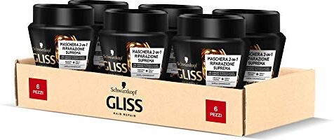 Schwarzkopf Gliss, Maschera 2in1 Riparazione Suprema, Riparazione Intensa, per Capelli Danneggiati, con Keratina Liquida e Perla Nera, Confezione da 6 pezzi x 300 ml