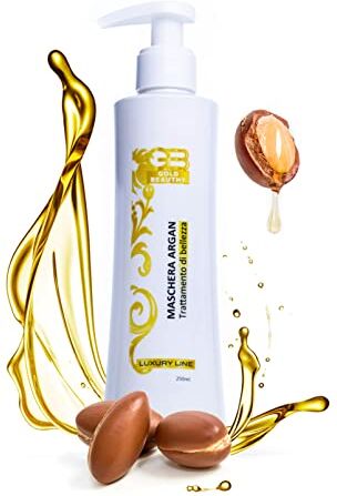 Generico GB Gold Beauthy Maschera Capelli Ristrutturante Professionale Lisciante Trattamento Nutriente All' Olio di Argan Biologico Ricostruzione Capelli Ricci Secchi e Crespi, Senza Sale Made in Italy 250ml