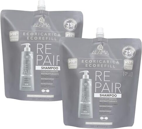 Generic 2x Alama Shampoo REPAIR, EcoRicarica, Con Keratin, Ristrutturante Per Capelli Sfibrati e Danneggiati 1000ml