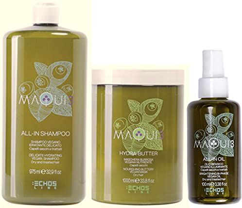 Generico ECHOSLINE MAQUI – Shampoo(975ml) + Maschera(1000ml) + Olio(100ml) BIOLOGICI kit idratante nutriente e illuminante per capelli secchi e trattati