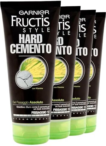 Garnier Fructis Style Gel Hard Cemento Tenuta 10 Fissaggio Assoluto con Vitamine Fortificanti Extra Durata 4 flaconi da 200ml