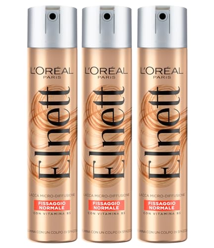 L'Oreal L'Oréal Paris Elnett Lacca Spray per Capelli Fissaggio Normale Micro-Diffusione Formula Protettiva e Illuminante Anti-Umidità Effetto Naturale a Lunga Tenuta 3 Flaconi da 75ml