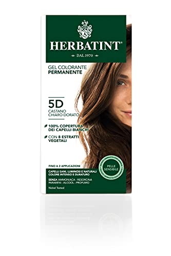 Herbatint Gel Colorante Permanente 5D Castano Chiaro Dorato -senza Ammoniaca, 100% Copertura Capelli Bianchi, Testato per Pelli Sensibili, con 8 Estratti Naturali Bio