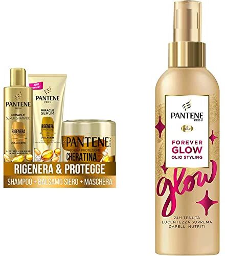 Pantene Miracles, Protezione Cheratina, Rigenera E Protegge, Set Regalo: Serum Shampoo 250ml, Balsamo Siero 200ml, Maschera 300ml & Pro-V Forever Glow Olio Styling Per Capelli, Tenuta 24h, 200ml