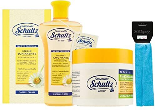 SCHULTZ set trattamento cappelli,Lozione Schiarente per Capelli,Shampoo Ravvivante, Ultra delicato,Maschera Ristrutturante con Camomilla più fascia per cappelli elastica