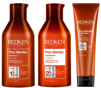 REDKEN Frizz Dismiss Shampoo 300Ml + Balsamo 300Ml + Rebel Tame 250Ml   Linea Professionale Anti-Crespo, Termprotettore per Capelli Crespi