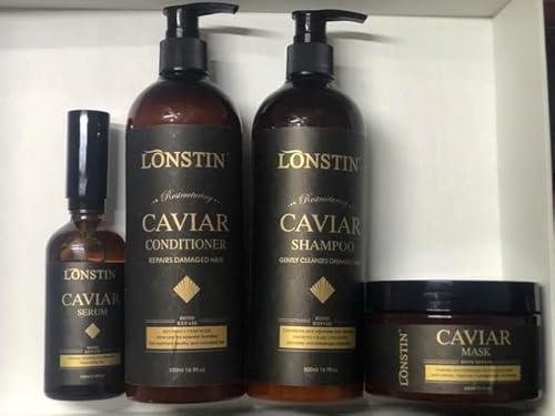 Generic Lonstin Shampoo caviale senza solfato (500 ml), balsamo (500 ml), siero (100 ml) e maschera (300 ml) per la cura dei capelli biologici, 4 pezzi