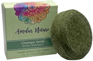 Amalur Nature Shampoo verde solido senza solfati, per capelli grassi o con forfora, 50 gr,