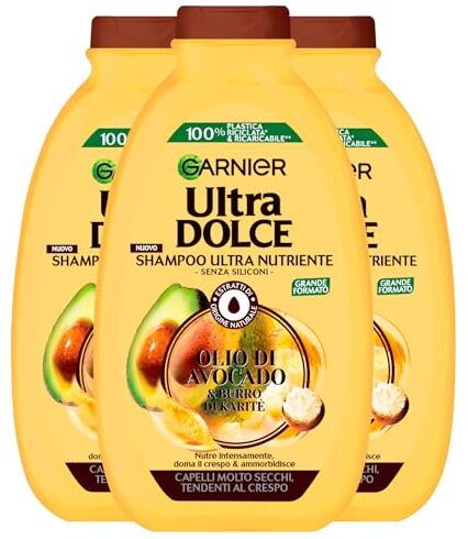 Garnier Ultra Dolce Shampoo Ultra Nutriente per Capelli Molto Secchi e Tendenti al Crespo con Olio di Avocado e Burro di Karité con Estratti di Origine Naturale 3 Flaconi da 400ml