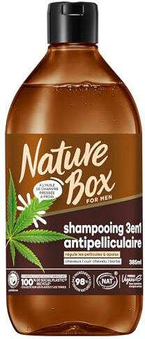 Nature Box MEN Shampoo 3 in 1 – Capelli, Pelle Cavelu, Barba – Shampoo Vegan all'Olio di Canapa pressato a freddo – Regola la forfora & lenisce, 98% Ingredienti di origine naturale – 385 ml