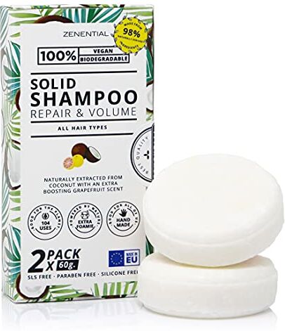 Zenential Shampoo solido, 2 pezzi 60 g Riparazione e Volume Tutti i tipi di capelli 100% vegano e biodegradabile. Senza solfati e parabeni di