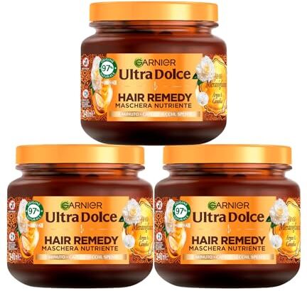 Garnier Ultra Dolce Maschera Nutriente per Capelli Secchi e Spenti Hair Remedy Gli Oli Meravigliosi con Argan e Camelia Formula Vegan con Ingredienti 97% di Origine Naturale 3 Barattoli da 340ml