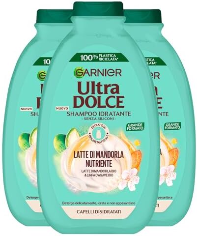 Garnier Ultra Dolce Shampoo Idratante Nutriente per Capelli Disidratati con Latte di Mandorla e Linfa d'Agave Detergente Delicato con Estratti Bio di Origine Naturale 3 Flaconi da 400ml