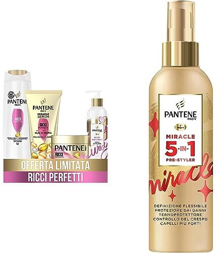 Pantene Pro-V Ricci Perfetti, Set Regalo Capelli Ricci: 1x Shampoo 225 ml & Pro-V Miracle 5-In-1 Pre-Styler, Spray senza Risciacquo, Termoprotettore