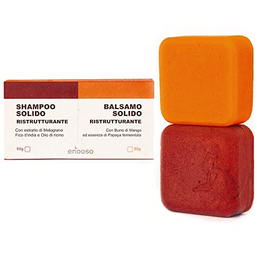 ENOOSO Set Shampoo Solido e Balsamo Naturale e Ristrutturante per capelli danneggiati 120 g Mango e Papaya Artigianale Biologico Vegano Made in Italy