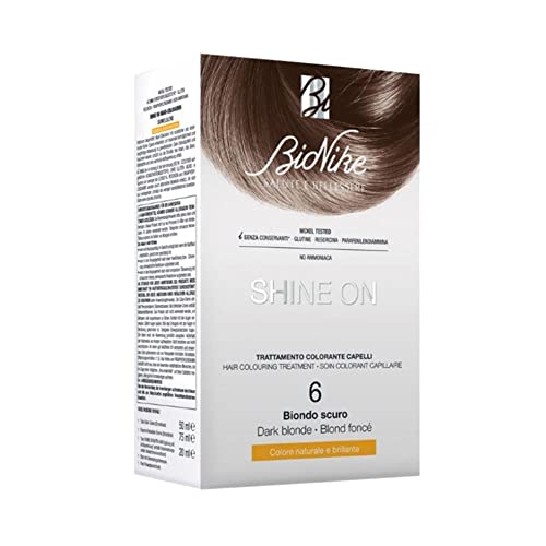 BioNike Shine On Trattamento Colorante Capelli N.6 Biondo Scuro, Kit Tinta per Cute Sensibile Senza Ammoniaca, Azione Nutriente e Protettiva, Dona un Colore Brillante, Copre i Capelli Bianchi