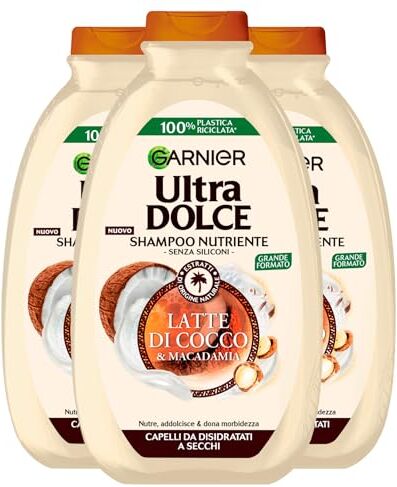 Garnier Ultra Dolce Shampoo Nutriente per Capelli da Disidratati a Secchi con Latte di Cocco e Macadamia Addolcente Ammorbidente Idratante con Estratti di Origine Naturale 3 Flaconi da 400ml