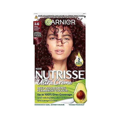 Garnier Nutrisse Tintura per capelli castani permanente, fino al 100% di copertura dei capelli grigi, con balsamo a 5 oli – 3,6 castano rossiccio profondo