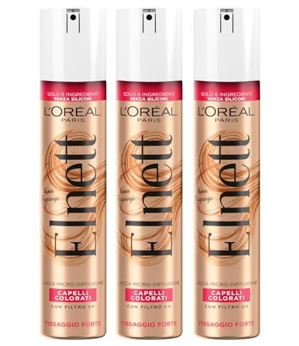 L'Oreal L'Oréal Paris Elnett Lacca Spray per Capelli Colorati Fissaggio Forte Micro-Diffusione Formula Protettiva e Illuminante Anti-Umidità con Filtro UV a Lunga Tenuta 3 Flaconi da 250ml