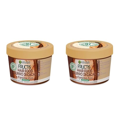 Garnier Fructis Hair Food Burro di Cacao Rigenerante, Maschera per Capelli Secchi e Ricci, 97% di Ingredienti di Origine Naturale, Senza Siliconi, 390 ml (Confezione da 2)