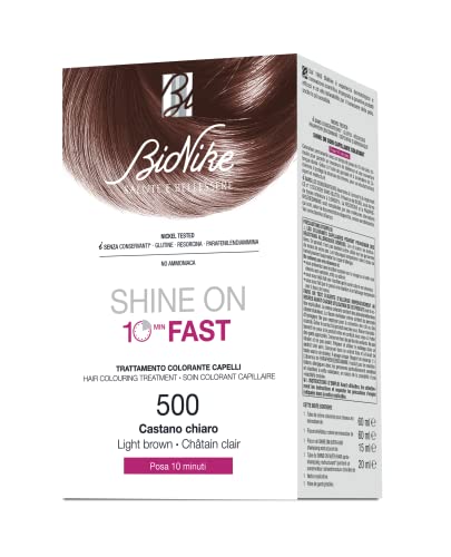 BioNike Shine On Fast Kit Trattamento Colorante Capelli N.500 Castano Chiaro Crema 60 ml, Rivelatore 60 ml, Shampoo 15 ml, Balsamo 20 ml