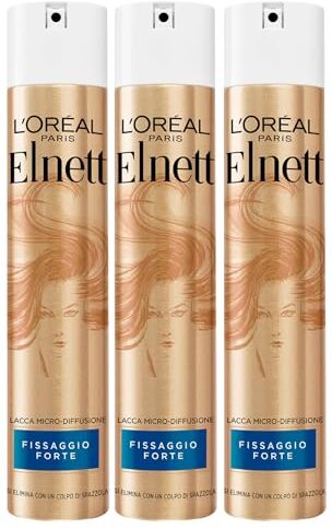 L'Oreal L'Oréal Paris Elnett Lacca Spray per Capelli Fissaggio Forte Micro-Diffusione Formula Protettiva e Illuminante Anti-Umidità Effetto Naturale a Lunga Tenuta 3 Flaconi da 250ml