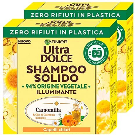 Garnier 2x  Ultra Dolce Shampoo Solido Illuminante Camomilla e Olio di Calendula Biologico con Ingredienti di Origine Naturale per Capelli Chiari 2 Shampoo Solidi da 60g