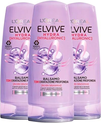 L'Oreal L'Oréal Paris Elvive Hydra Hyaluronic Balsamo 72H Idratazione Profonda Azione Rimpolpante con Acido Ialuronico per Capelli Disidratati Ammorbidisce e Districa 3 flaconi da 400 ml