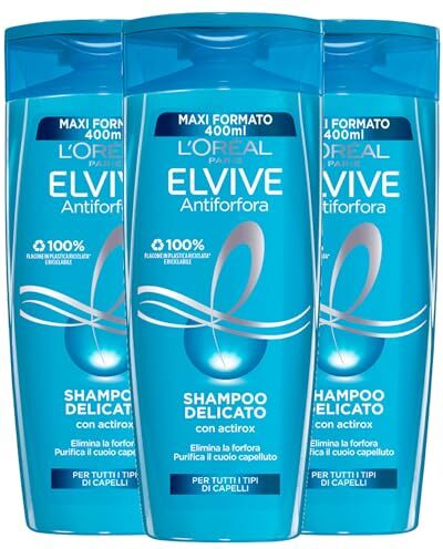 L'Oreal L'Oréal Paris Elvive Antiforfora Shampoo Delicato Purificante con Actirox ed Equaderm per Tutti i Tipo di Capelli Per Capigliatura Idratata e Fresca 3 Flaconi da 400ml