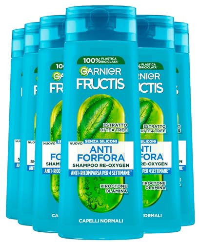 Garnier Fructis Shampoo Anti-Forfora Re-Oxygen per Capelli Normali Formula Vegana con Estratto di Tea Tree Senza Siliconi Previene ed Elimina la Forfora 6 Flaconi da 250ml