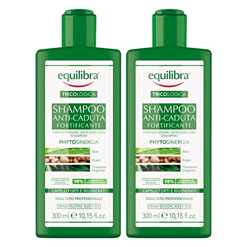 Equilibra 2x  Tricologica Shampoo Anti-Caduta Capelli Fortificante Phytosinergia Nutriente con Aloe Vera Olio di Argan e Cheratina Vegetale 2 Flaconi da 300ml