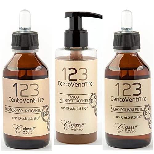 EVOM 123 Kit Centoventitre prevenzione caduta, forfora, sebo, prurito. 100 ml x 2 + 150 ml Biologico, Vegano made in Italy