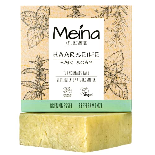 Meina – Shampoo per capelli in saponetta, alla menta e ortica (1 x 85 g), shampoo vegano, bio, per uomini e donne, senza silicone, solfati e parabeni. Cosmetico naturale