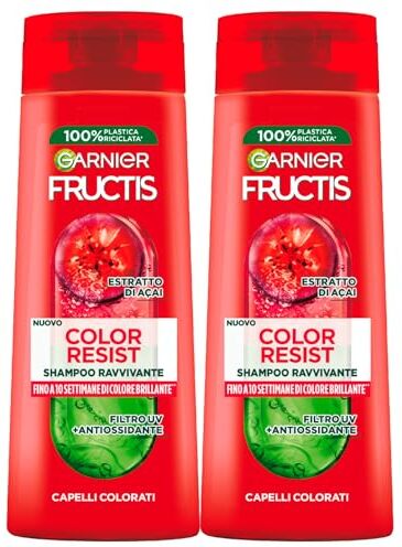 Garnier Fructis Color Resist Shampoo Ravvivante per Capelli Colorati con Estratto di Acai e Filtro UV Colore Brillante Fino a 10 Settimane Nutriente Antiossidante 2 Flaconi da 250ml